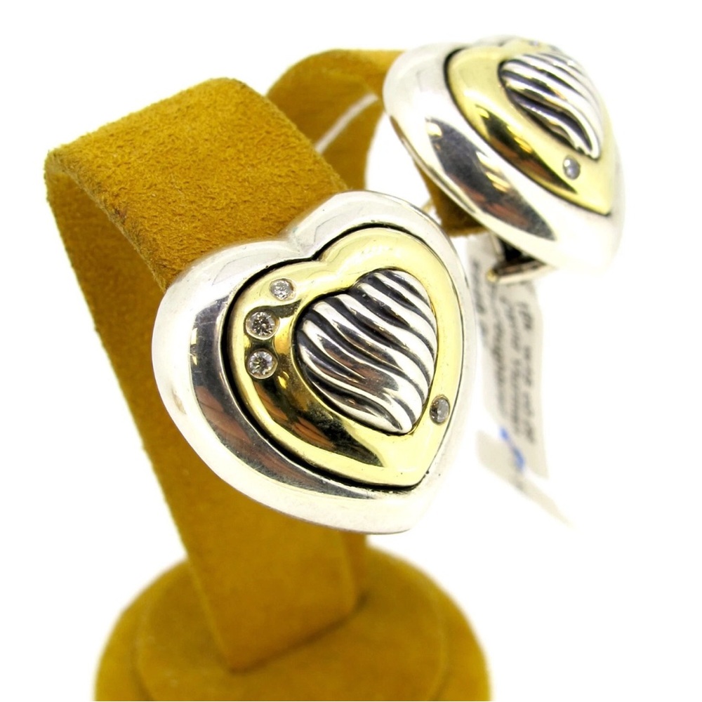 David Yurman Two-Tone Heart Earrings Silver and Gold with Diamonds - Picture 2 of 5